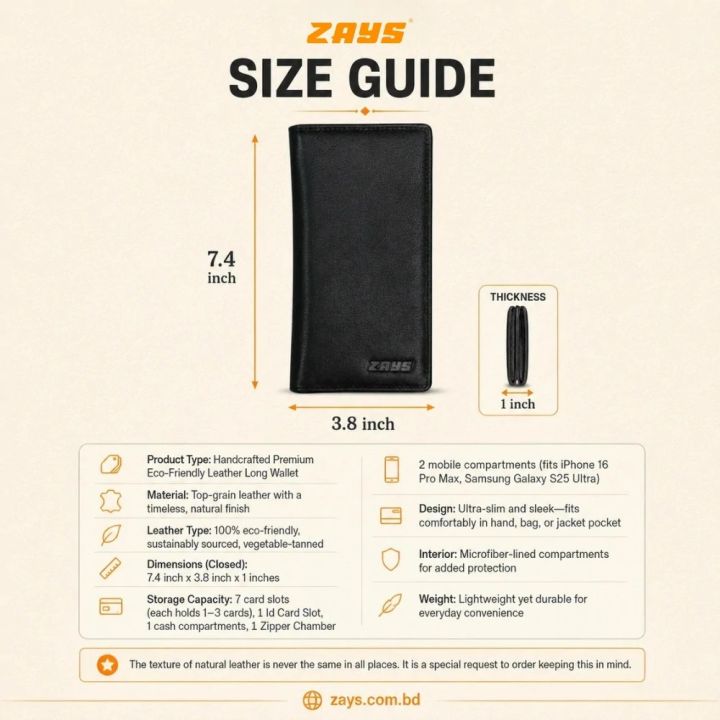 Zays%20Handcrafted%20Premium%20Eco-Friendly%20Leather%20Long%20Wallet,%20Top-Grain%20Vegetable-Tanned%20Slim%20Wallet%207.4%20x%203.8%20x%201%20Inch,%207%20Card%20Slots,%20ID%20Slot,%20Cash%20Compartment,%20Zipper%20Chamber,%202%20Mobile%20Compartments%20-%20Image%202