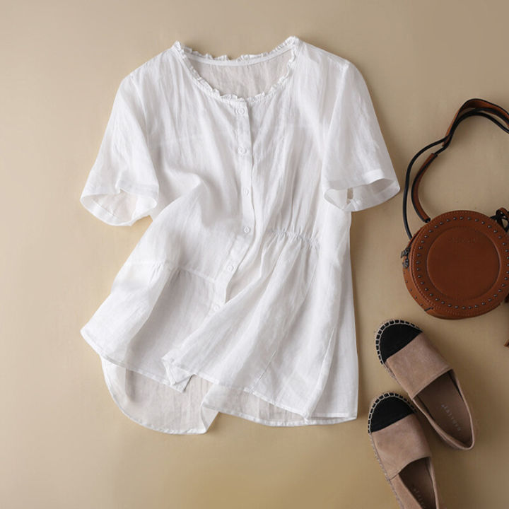 ZANZEA Women Short Sleeve Button O-Neck Shirt Summer Casual Cotton Baggy Blouse Tops #2