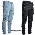 Jeans Men Black Cargo Pants Multi Pockets Denim Pantalones Blue Slim Fit Overol Hombre Fashion Casual Streetwear Trousers 3XL. 