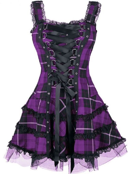 Vintage Plaid Bandage Gothic Women A-line Dresses Grunge Aesthetic Lace Trim Patchwork Mini Dress Punk Bodycon Partywear