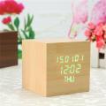 Wood Cube LED Alarm Control Digital Desk Clock Wooden Style Voice Date Week Time.