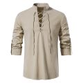Men's White Shirts Spring Autumn V-neck Top Casual Shirt Man Blouse Long Sleeve Cotton Linen Shirts Viking Front Lace Up Chemise. 