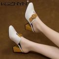 Women High Heeled Platform Half Slippers Leather Mules Femme Pointed Toe Feminino Office Ladies Chaussure Elegant Backless Shoes.