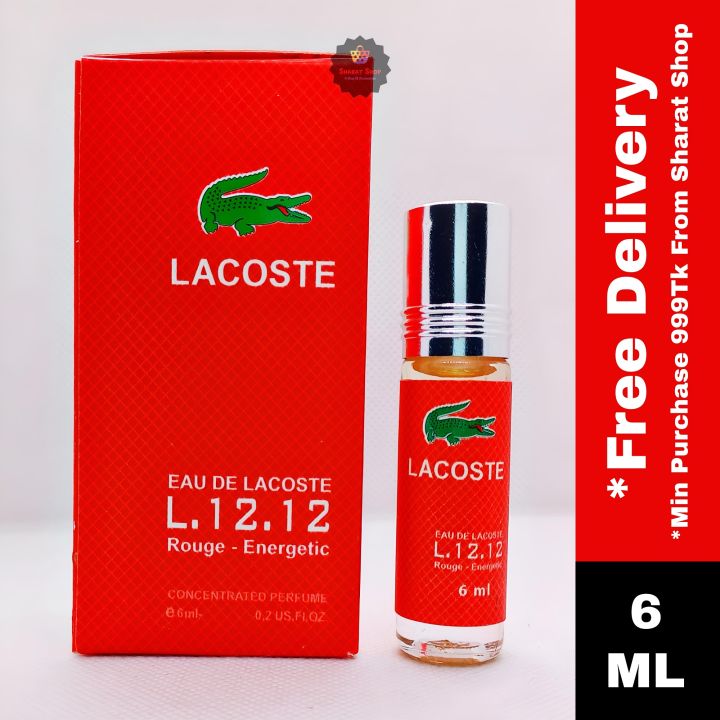 Lacoste L.12.12 Rouge Energetic Concentrated Perfume Oil Limited Edition Roll On For Men Long Lasting Attar Non-alcoholic Fragrance - 6ml