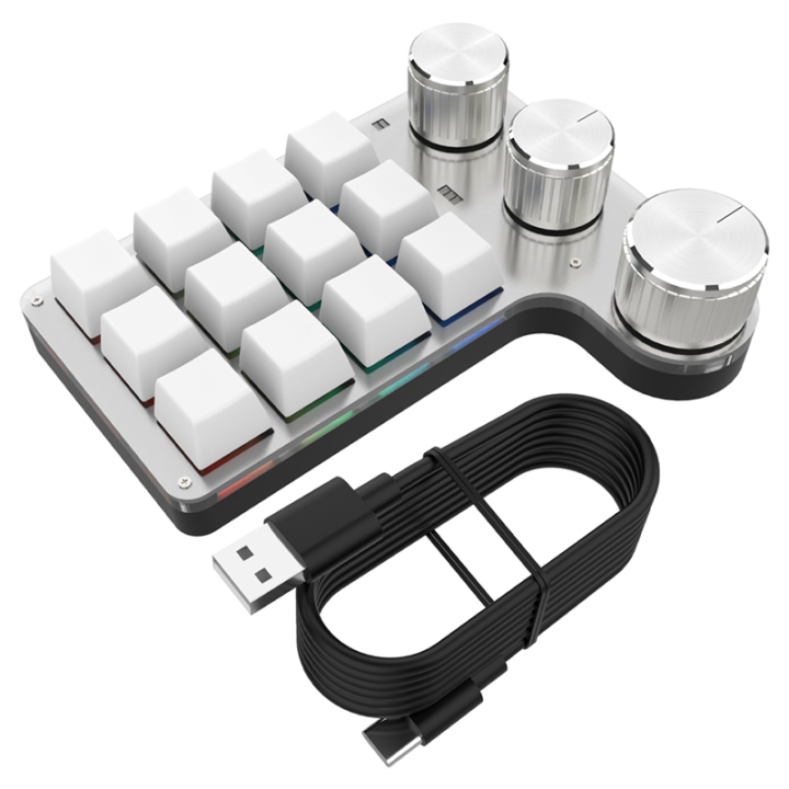 Programmable DIY Mechanical Keyboard RGB 12 Keys 3 Knob Custom Macro Keypad Easy to Use Bluetooth Hotswap Keyboard White