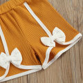 Jumperjuser-Toddler Kids Girls 2 Pieces Outfit, Fly Sleeve Round Neck Contrast Color T-Shirt + Bowknot Shorts Summer Set. 