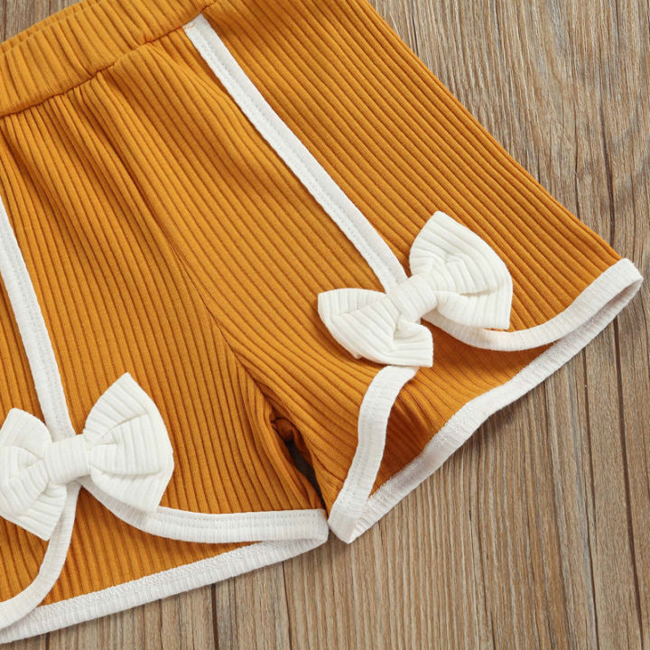 Jumperjuser-Toddler%20Kids%20Girls%202%20Pieces%20Outfit,%20Fly%20Sleeve%20Round%20Neck%20Contrast%20Color%20T-Shirt%20+%20Bowknot%20Shorts%20Summer%20Set%20-%20Image%208