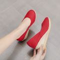 2024 Slope Spring and Autumn New Shallow Mouth Korean High Heel Women's Nurse Pointed Grass Knitted Single Shoes for Women.
