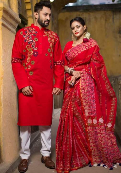 Dhupiyan%20Silk%20Sharee%20And%20Cotton%20Panjabi%20For%20Combo%20Couple%20Dress%20-%20Sari%20-%20Image%202