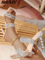 Aneikeh Silver Sequin rhinestone PVC Slippers For Women Square Toe Strange High Heels Sandals Summer Fashion Party Shoes.
