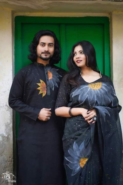 New%20Designer%20Half%20Silk%20Hand%20Print%20Saree%20And%20Dhupian%20Panjabi%20For%20Combo%20Couple%20for%20man%20and%20women%20-%20Image%202