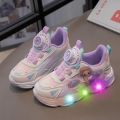 Girls Shoes New Leather Rotating Buttons Kid Sneakers LED Flashing Soft Sole Sport Footwear Baby Children Toddler Shoe Trainers. 