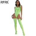 Women's Swimsuit High Cut Sleeveless Leotard Bodysuit with Thigh High Stockings Female Glossy Backless Beachwear Swimwear.