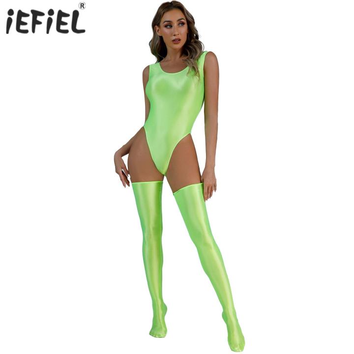 Women's Swimsuit High Cut Sleeveless Leotard Bodysuit with Thigh High Stockings Female Glossy Backless Beachwear Swimwear