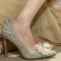 Crystal Bow High Heels Women's Stiletto Heel Fairy Style Maiden Bridesmaid Wedding Shoes Xiuhe Wedding Dress Two-Way Wear. 