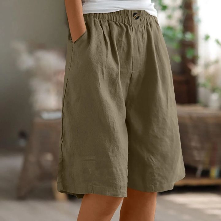 Fashion%20Solid%20Color%20Pants%20Pocket%20Button%20Up%20Capris%20Elastic%20Waist%20Loose%20Cotton%20Linen%20Women's%20Shorts%20-%20Image%202