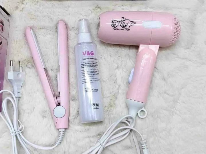 Mini hair dryer , Mini hair straightener and hit protection spray Combo
