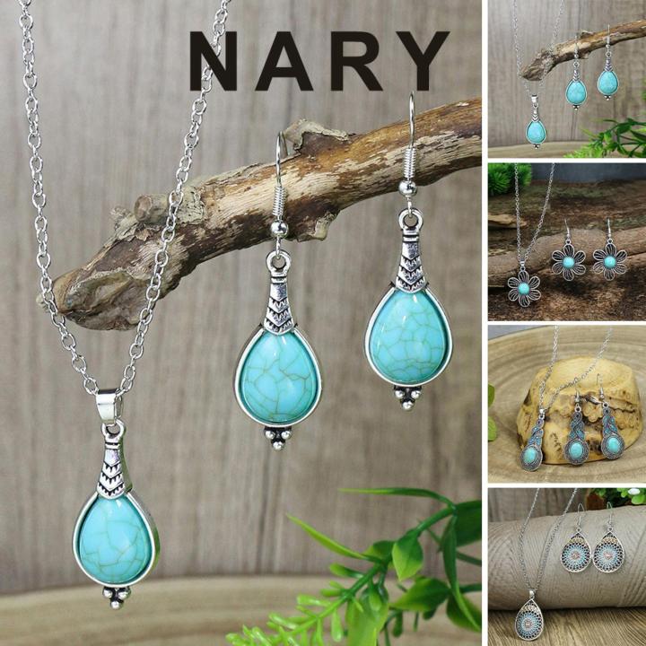 High Brightness Earrings Boho Chic Faux Turquoise Jewelry Set with Rhinestone Accents Necklace Earrings Set for Women Ethnic Style Necklace Earrings Set