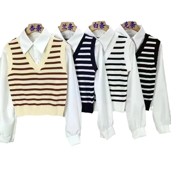 Vest%20Vest%20Autumn%20Women's%20New%20Design%20Sense%20Niche%20Wear%20Knitted%20Striped%20Loose%20V%20Collar%20Fake%20Two%20Pieces%20Shirts%20-%20Image%205