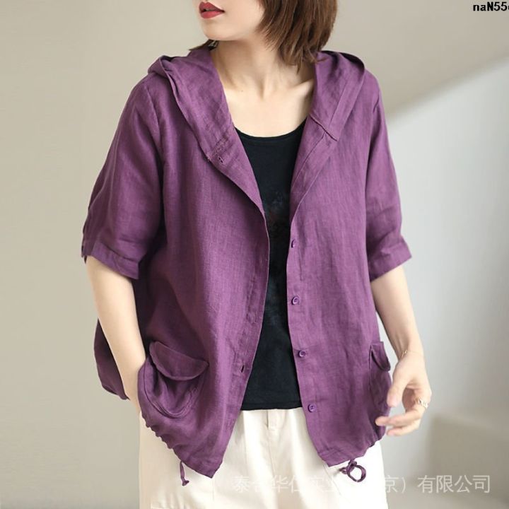 Lian Loose Cotton Ancient 2024 Large Short Coat Size Small Hat Top Female Art Style Summer Quality Female Leisure Coat Thin Complex Wide Break 〕