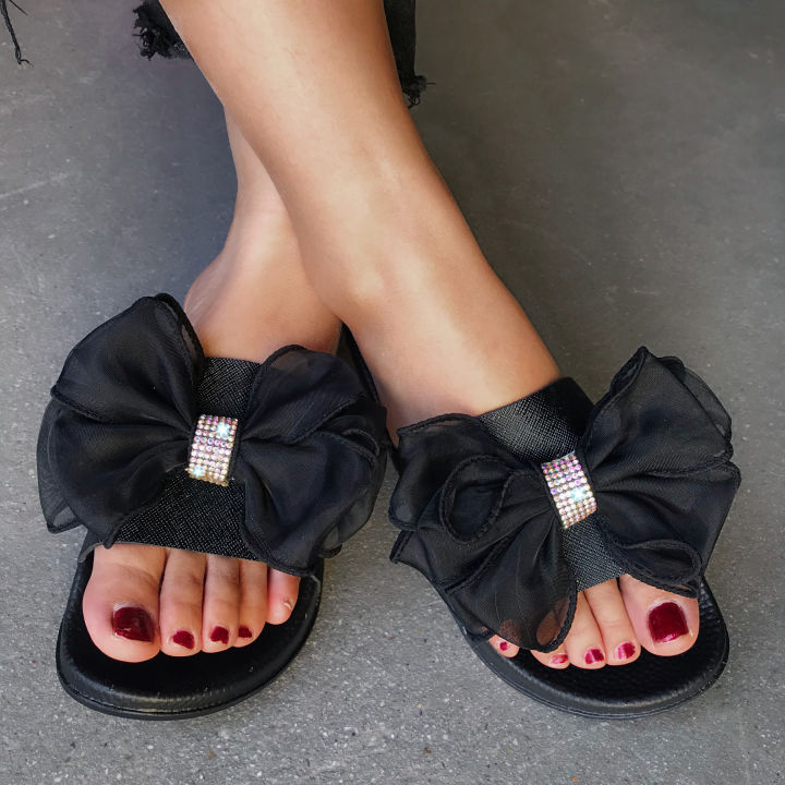 Cross-border Amazon AliExpress spot wholesale women's one-word sandals bow bright diamond slippers casual sandals on behalf of delivery