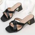 Birthday Slippers for Women Leather Outdoor2023New Mid Heel Chunky Heel Slip-on Lofter Sandals for Women. 