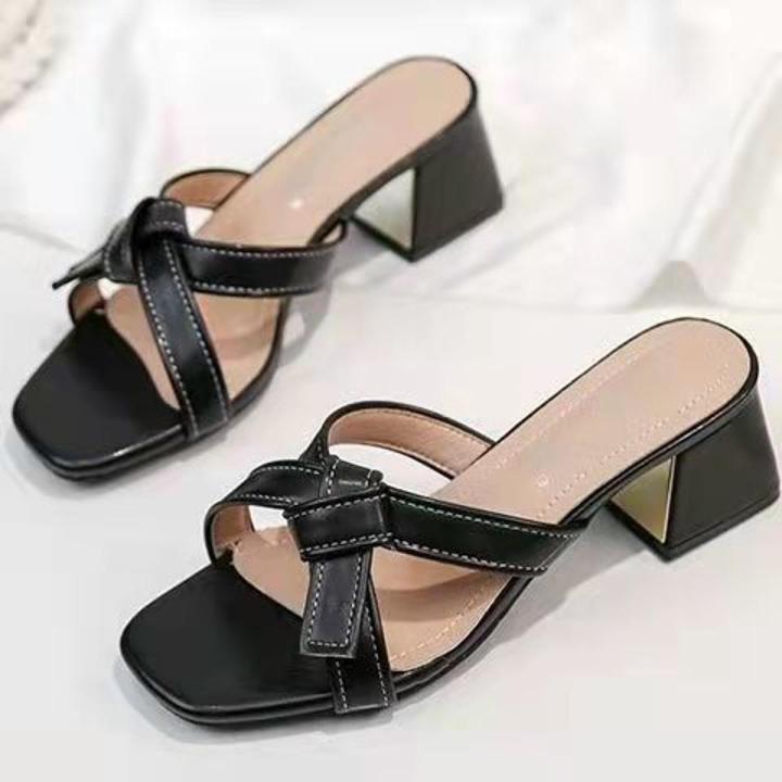 Birthday Slippers for Women Leather Outdoor2023New Mid Heel Chunky Heel Slip-on Lofter Sandals for Women