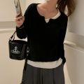 Fake Two-Piece Knitted Sweaters Sweater Women's Spring Autumn and Winter Undershirt French off-Shoulder Chic as Soft Glutinous Inner Wear Blouse. 