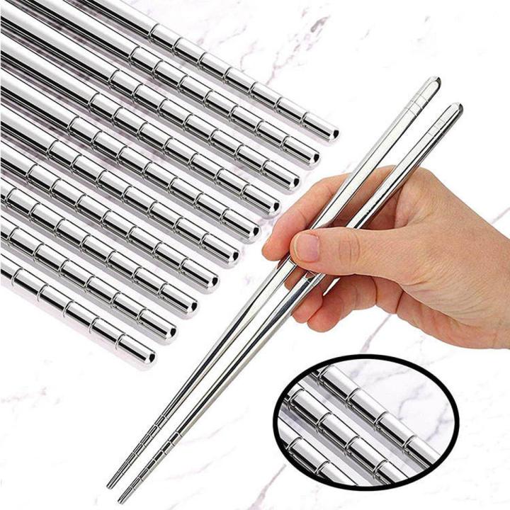 Stainless Steel Chopsticks Reusable Silver Lightweight 304 Metal Chopsticks Dishwasher Safe - 5 Pairs (Silver)