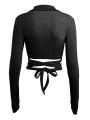 Women's Long Sleeve Crop Tops, Solid Color Knit Ribbed Deep V-Neck Cross Strappy Show Navel Knitwear. 