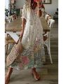 Women Floral Long Dress Retro V Neck Half Sleeve Dress Casual Boho Drawstring Loose Holiday Beach Maxi Dress Vestidos Femme.