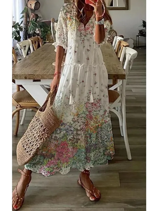 Women%20Floral%20Long%20Dress%20Retro%20V%20Neck%20Half%20Sleeve%20Dress%20Casual%20Boho%20Drawstring%20Loose%20Holiday%20Beach%20Maxi%20Dress%20Vestidos%20Femme%20-%20Image%208
