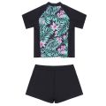 2Pcs Kids Girls Swimming Suit Round Neck Short Sleeves Floral Print Top Drawstring Boyshorts Beach Swimwear Bathing Suits. 
