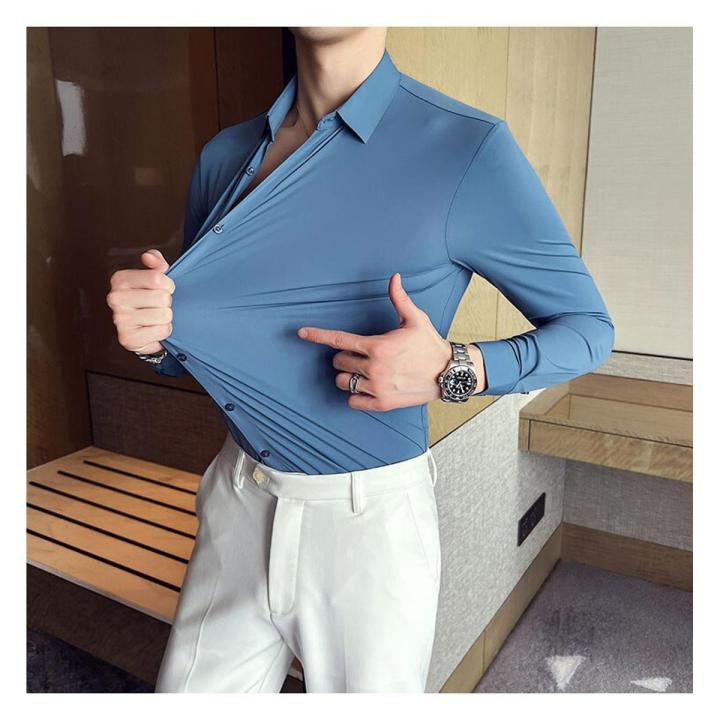 Men's Shirt High Elastic Seamless Quality Slim Long Sleeve Shirt