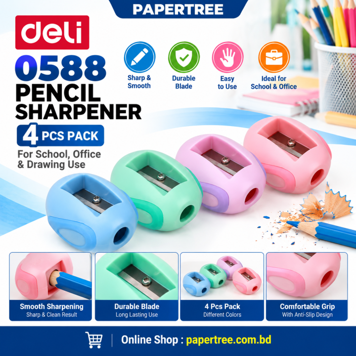 Deli 0588 Pencil Sharpener 4 Pcs Pack for School Office & Drawing Use