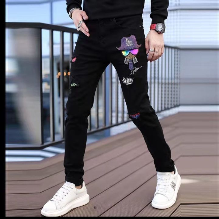 Men's%20Autumn%20New%20European%20Station%20Personality%20Trend%20Head%20Print%20Rhinestone%20Casual%20Ankle%20Banded%20Pants%20Denim%20Trousers%20Men%20-%20Image%203