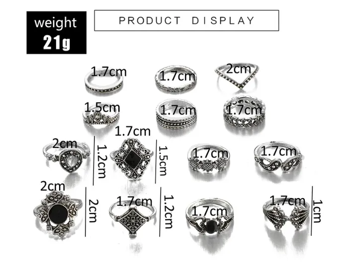 15%20Pcs/sets%20Lotus%20Flower%20Black%20Rhinestone%20Vintage%20Antique%20%20Rings%20Sets%20for%20Women%20-%20Image%203