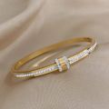 Luxury Stainless Steel Gold Color Zirconia Cylinder Bracelets Bangles for Women Fashion Girls Waterproof Jewelry Gifts. 