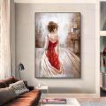 Original Hand-painted The Girl In A Red Dress Abstract Figure Art Oil Painting Wall Painting with Cotton Fabric for Living Room. 
