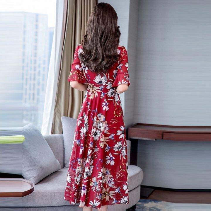 Women%20Floral%20Long%20Dress%202023%20Casual%20Fashion%20Chiffon%20A%20Line%20V%20Neck%20Short%20Sleeve%20Dress%20Summer%20Elegant%20Fashion%20Comfortable%20Dresses%20-%20Image%203