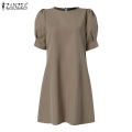 ZANZEA Korean Style Women Holiday Party Solid Mini Dresses Office Work Puff Sleeve Sundress #10. 