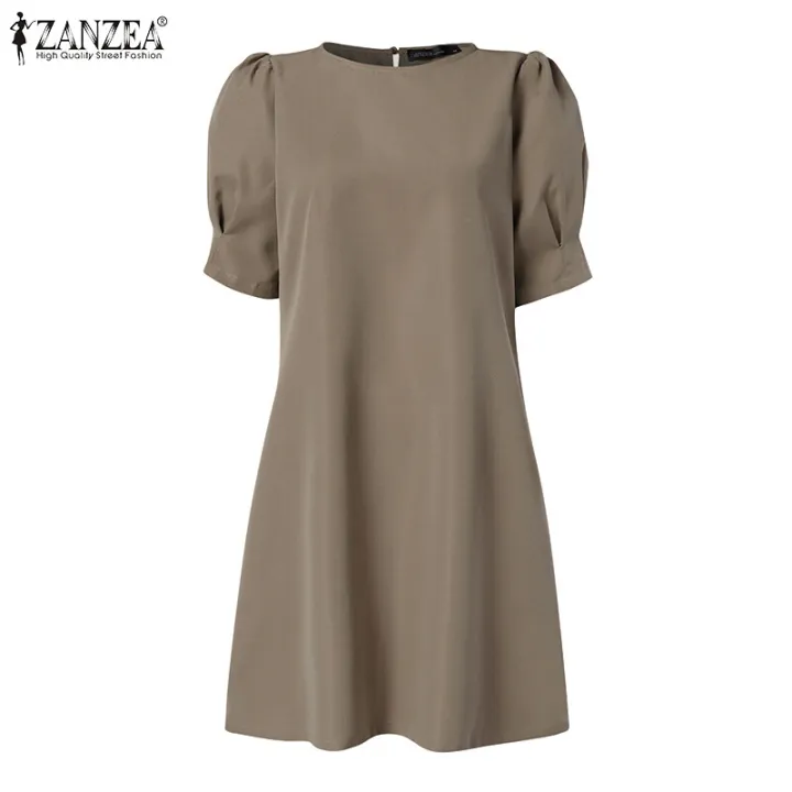 ZANZEA%20Korean%20Style%20Women%20Holiday%20Party%20Solid%20Mini%20Dresses%20Office%20Work%20Puff%20Sleeve%20Sundress%20#10%20-%20Image%205