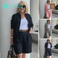 Women Casual Suit Set Chic Women's Shirt Shorts Set Stylish Long Sleeve Blouse with High Waist Loose Pants Plus Size Casual Outfit for Fashionistas Lapel Long Sleeve Suit. 