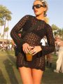 Boho Summer Backless Tie-up Mini Beach Dress Holiday Women Long Sleeve Round Neck Hollow Out Knitted Mini Dress Bikini Cover-ups.