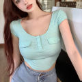 Women Summer T-Shirt, Solid Color Buttons Round-Neck Short Sleeve Crop Tops for Girls, Green/White. 