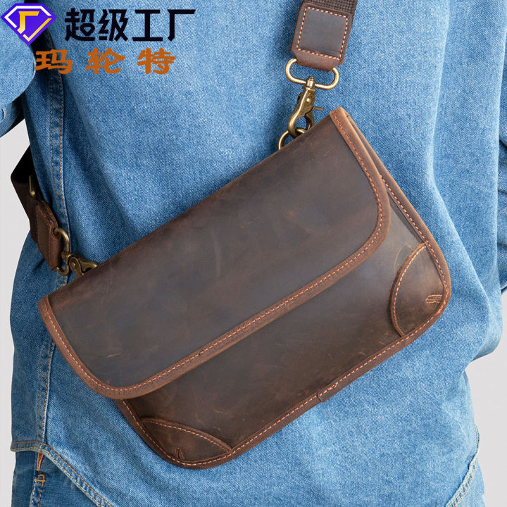 Malunte shoulder bag, leather men's bag, trendy fashion small shoulder bag, mobile phone bag, motorcycle bag, crazy horse leather crossbody bag men