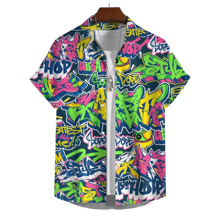 Hawaiian%20Shirt%20Short-Sleeved%20Shirt%20Men's%20Lapel%20Button-Down%20Shirt%20Graffiti%20Print%20Clothing%20Street%20Casual%20Loose%20Clothes%202024Fashion%20-%20Image%204