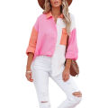 Eligible Women's Blouse Contrast Color Stitching Long Sleeve Lapel Button Closure Loose Versatile Casual Shirt Tops. 