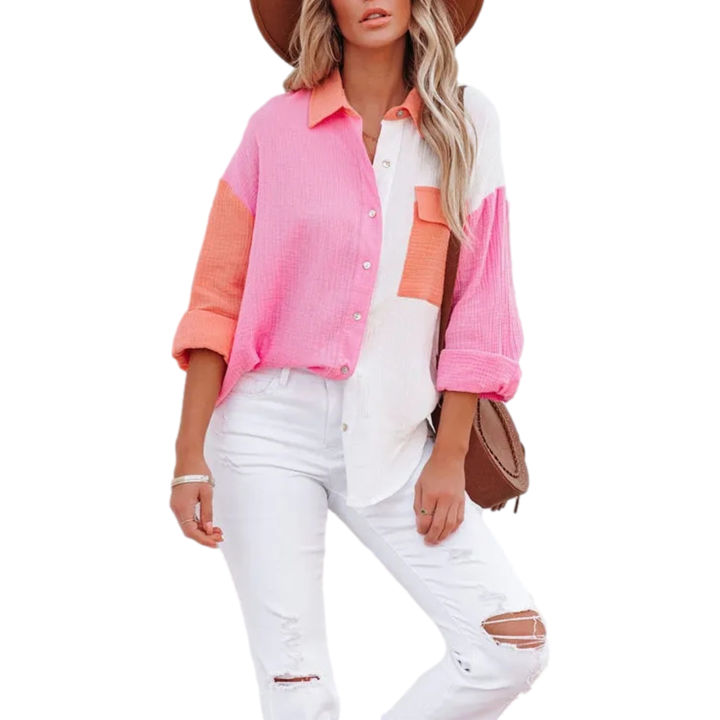 Eligible%20Women's%20Blouse%20Contrast%20Color%20Stitching%20Long%20Sleeve%20Lapel%20Button%20Closure%20Loose%20Versatile%20Casual%20Shirt%20Tops%20-%20Image%202