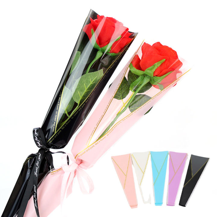 50pcs Single Rose Sleeves Flower Wrapping Bag Bouquet Packaging Bags Clear Cellophane Floral Wrappers For Valentine's Day Demoo